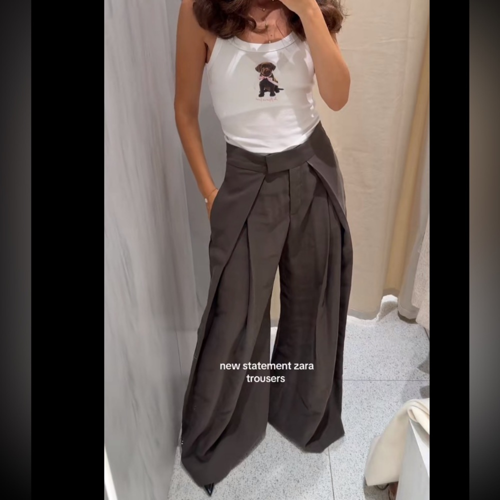 ZARA PLEATED WIDE LEG PANTS ZW COLLECTION BROWN TAUPE SMALL - Picture 8 of 10
